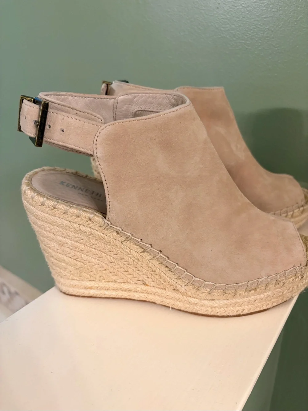 Kenneth Cole Taupe Suede Peep-Toe Espadrille Wedge Booties
